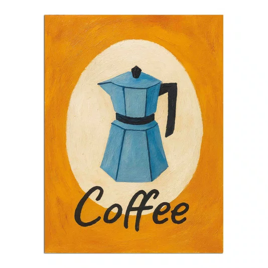 Placa Decorativa Estilo Pintura Mid Century/Retrô Moka Italiana Azul em Círculo Creme com Fundo Laranja Vibrante