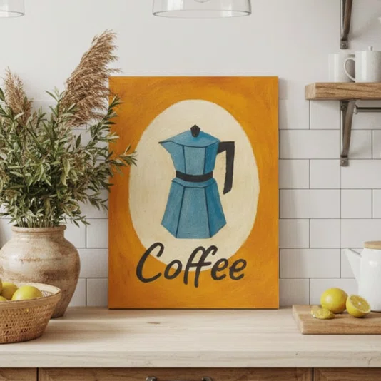 Placa Decorativa Estilo Pintura Mid Century/Retrô Moka Italiana Azul em Círculo Creme com Fundo Laranja Vibrante