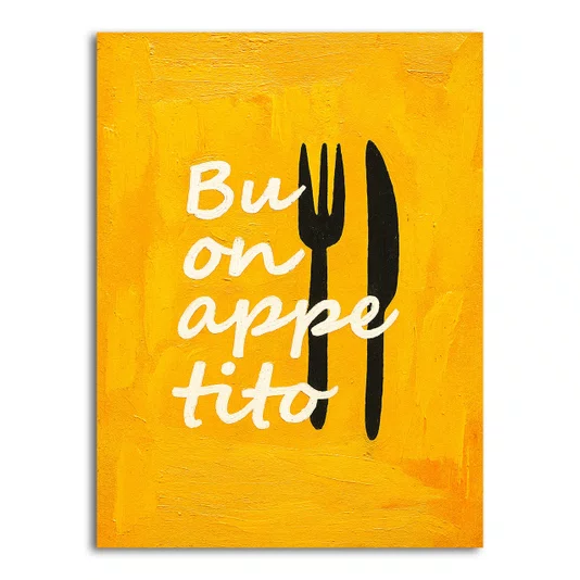 Placa Decorativa Estilo Pintura Mid Century "Buon Appetito" sobre Fundo Amarelo, com Silhuetas de Talheres