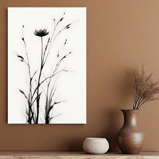 Placa Decorativa Hana Pintura de Flor em Meio à Vegetação no Estilo Sumiê