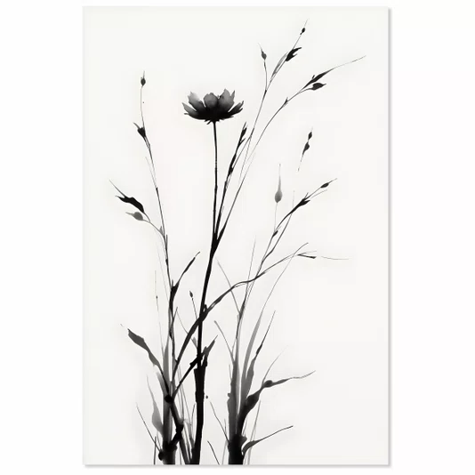 Placa Decorativa Hana Pintura de Flor em Meio à Vegetação no Estilo Sumiê