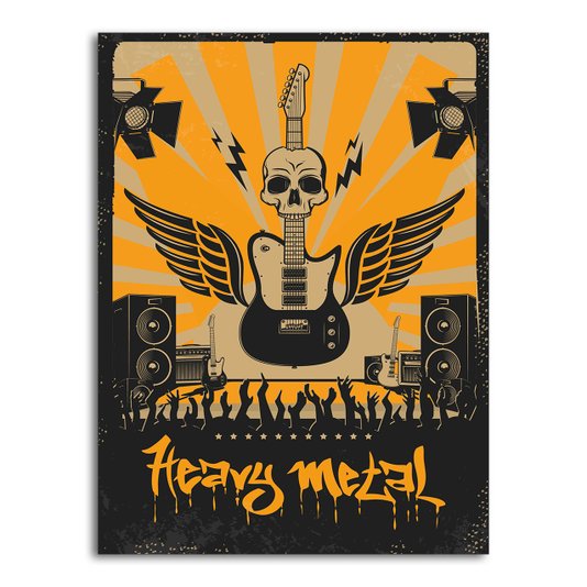 Placa Decorativa Heavy Metal Laranja Com Guitarra Asas E Crânio