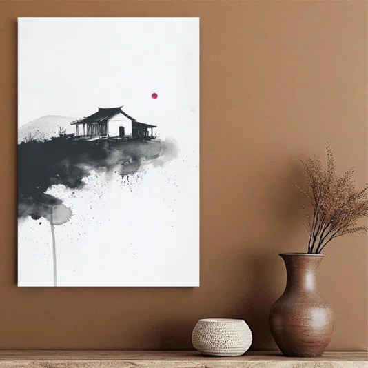 Placa Decorativa Ie Taiyo Pintura de Casa com o Sol ao fundo no Estilo Sumiê