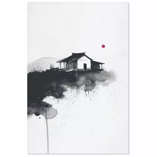 Placa Decorativa Ie Taiyo Pintura de Casa com o Sol ao fundo no Estilo Sumiê