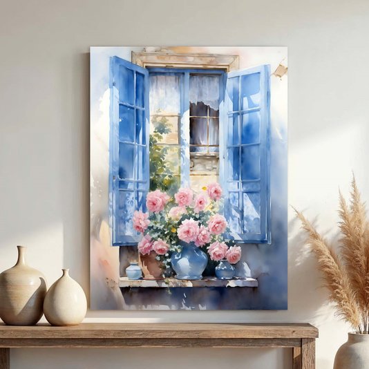 Placa Decorativa Janela Florida Aquarela