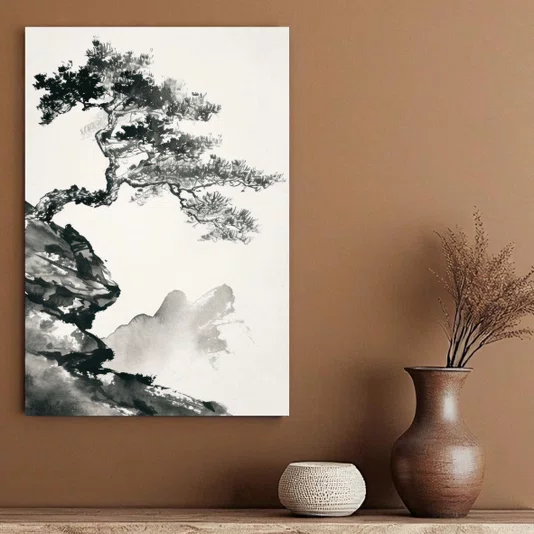 Placa Decorativa Ki Pintura de Árvore no Estilo Sumiê