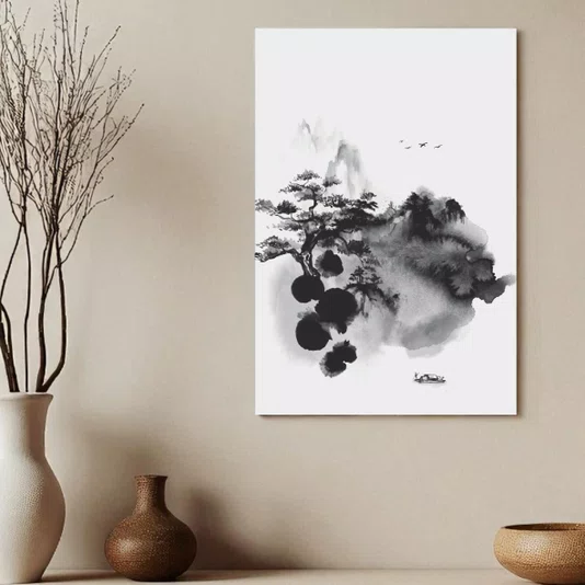 Placa Decorativa Ki Yama Pintura de Árvore em Frente a Montanhas no Estilo Sumiê