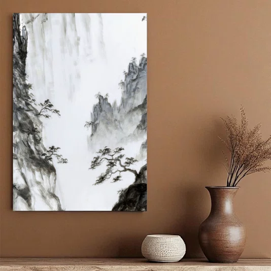 Placa Decorativa Ki Yama Pintura de Árvore na Montanha no Estilo Sumiê