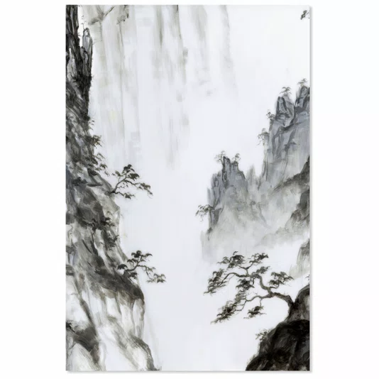 Placa Decorativa Ki Yama Pintura de Árvore na Montanha no Estilo Sumiê