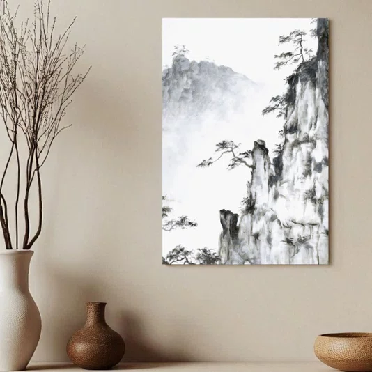 Placa Decorativa Ki Yama Pintura de Árvores nas Montanhas no Estilo Sumiê