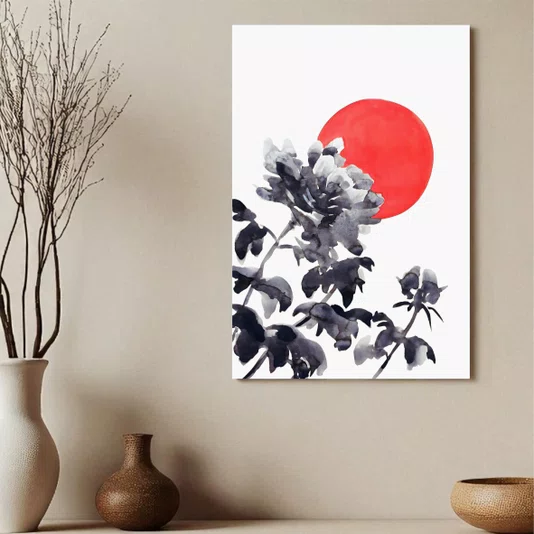Placa Decorativa Kiku Taiyo Pintura de Flor Ornamental Crisântemo em Frente ao Sol no Estilo Sumiê