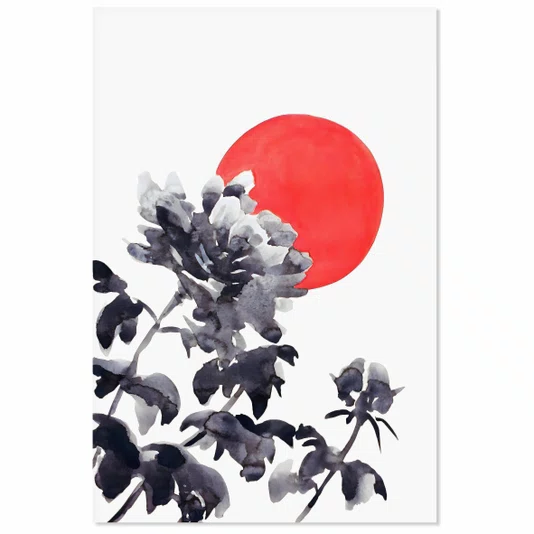 Placa Decorativa Kiku Taiyo Pintura de Flor Ornamental Crisântemo em Frente ao Sol no Estilo Sumiê