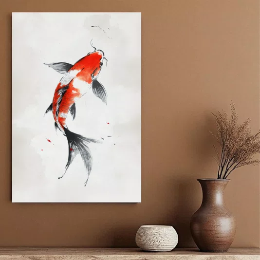 Placa Decorativa Koi Pintura de Carpa Nishikigoi Laranja no Estilo Sumiê