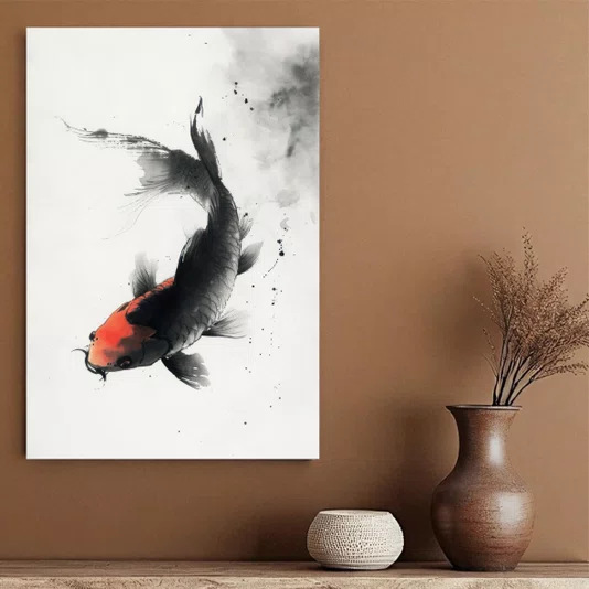 Placa Decorativa Koi Pintura de Carpa Nishikigoi Preta no Estilo Sumiê