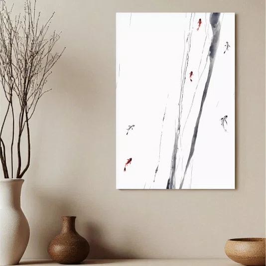 Placa Decorativa Koi Pintura de Carpas Nishikigoi Nadando no Estilo Sumiê
