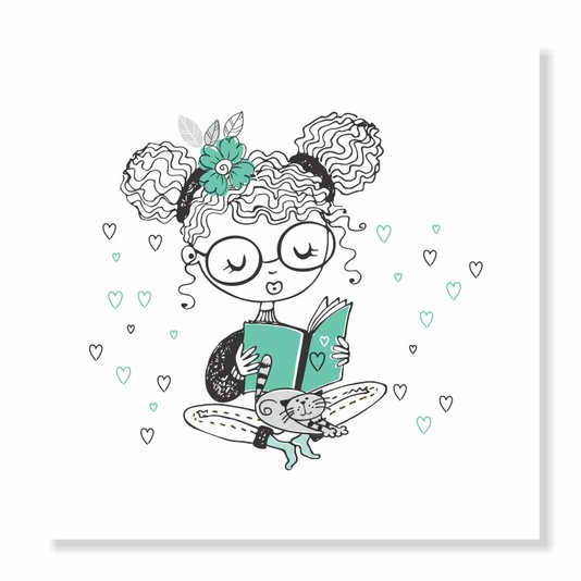 Placa Decorativa Menina em Leitura com Gatinho