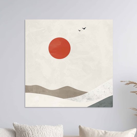 Placa Decorativa Montanhas Com Sol Vermelho Estilo Japandi