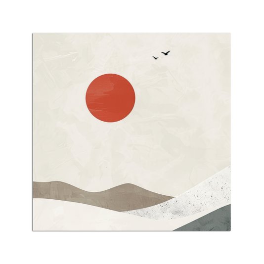 Placa Decorativa Montanhas Com Sol Vermelho Estilo Japandi