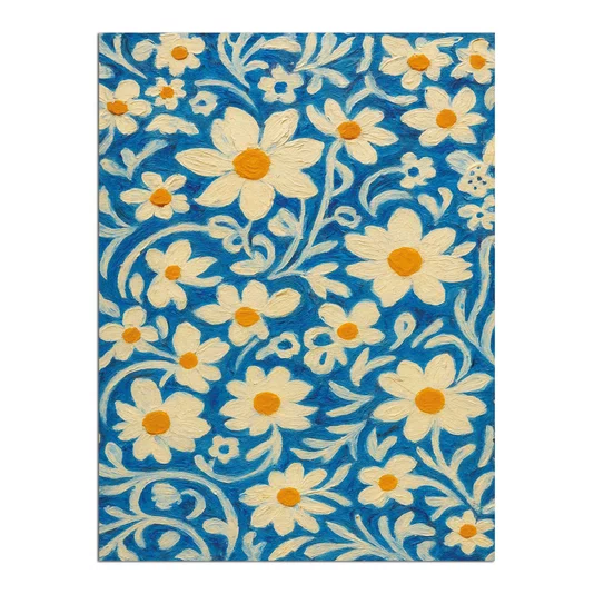 Placa Decorativa Padrão Floral Estilizado: Margaridas Brancas e Amarelas em Fundo de Arabescos Azul-Cobalto