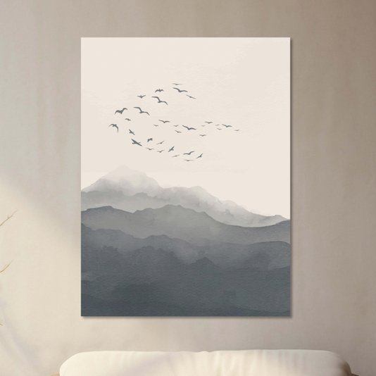 Placa Decorativa Paisagem Aquarela Pássaros Nas Montanhas Estilo Japandi