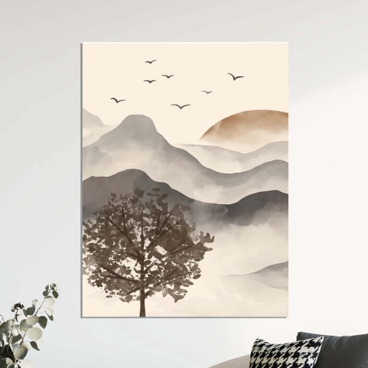 Placa Decorativa Paisagem Em Aquarela Pôr Do Sol Estilo Japandi