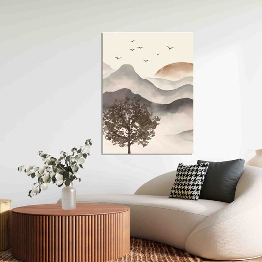 Placa Decorativa Paisagem Em Aquarela Pôr Do Sol Estilo Japandi
