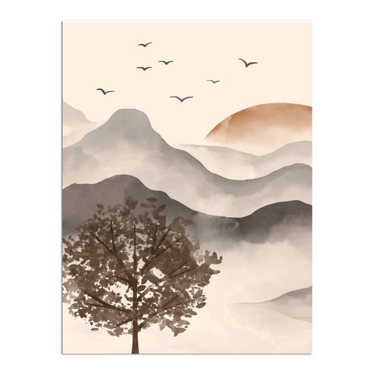 Placa Decorativa Paisagem Em Aquarela Pôr Do Sol Estilo Japandi