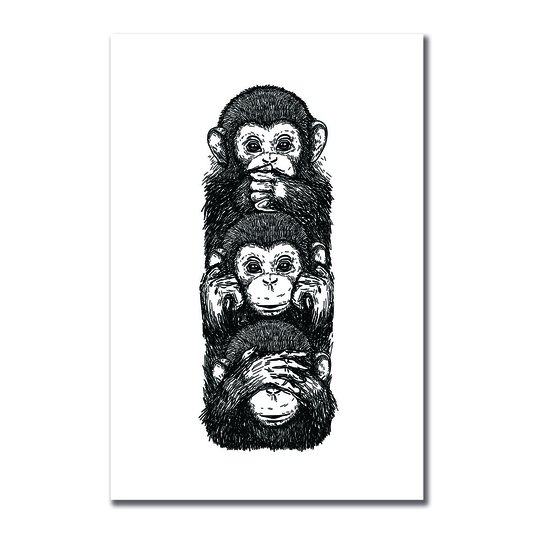 Placa Decorativa Preto e Branco 3 Macacos Cego Surdo e Mudo