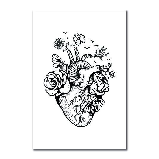 Placa Decorativa Preto e Branco Coração com Flores