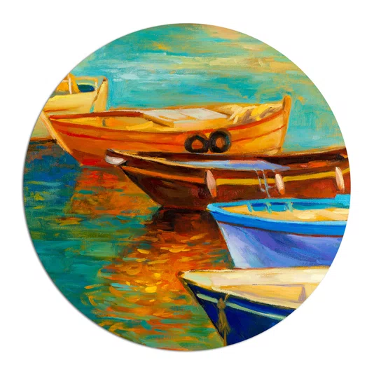 Placa Decorativa Redonda Barcos Coloridos no Cais