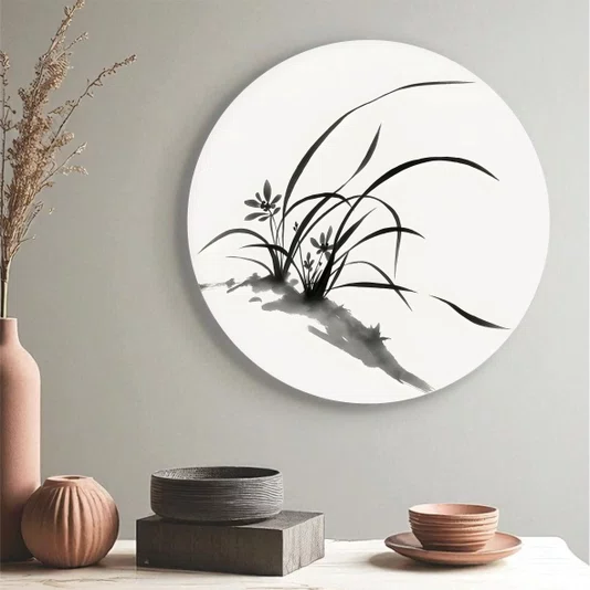 Placa Decorativa Redonda Furan Pintura de Flor Ornamental Orquídea do Samurai no Estilo Sumiê