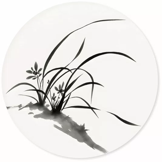 Placa Decorativa Redonda Furan Pintura de Flor Ornamental Orquídea do Samurai no Estilo Sumiê