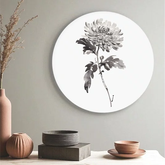 Placa Decorativa Redonda Kiku Pintura de Flor Ornamental Crisântemo no Estilo Sumiê