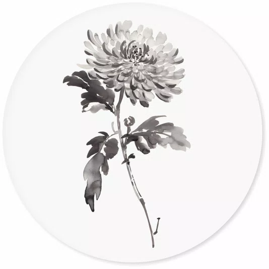 Placa Decorativa Redonda Kiku Pintura de Flor Ornamental Crisântemo no Estilo Sumiê