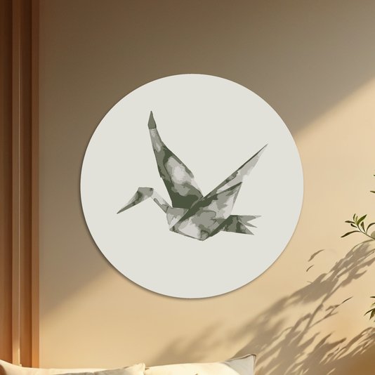 Placa Decorativa Redonda Pássaro Tsuru Estilo Japandi