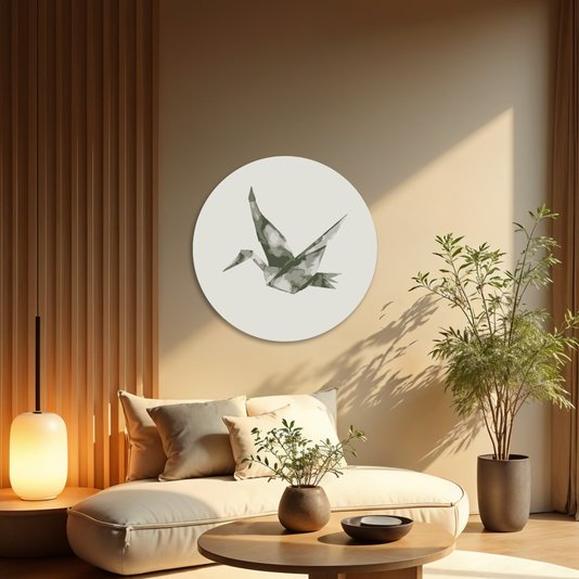 Placa Decorativa Redonda Pássaro Tsuru Estilo Japandi