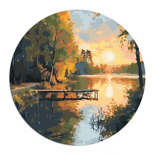 Placa Decorativa Redonda Píer ao Entardecer de Outono