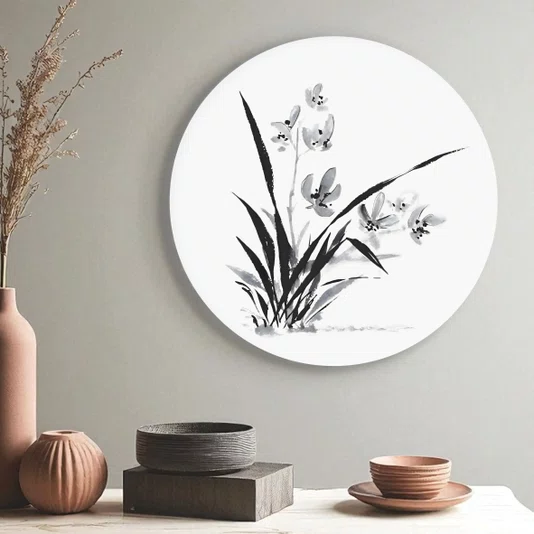 Placa Decorativa Redonda Ran Pintura de Flor Ornamental Orquídea no Estilo Sumiê