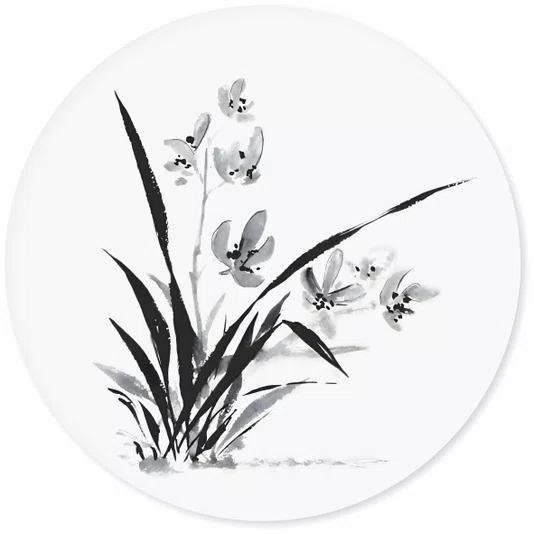 Placa Decorativa Redonda Ran Pintura de Flor Ornamental Orquídea no Estilo Sumiê