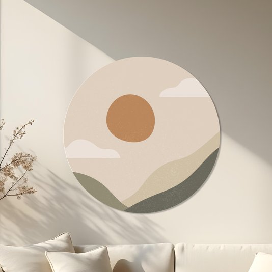 Placa Decorativa Redonda Sol E Montanhas Estilo Japandi