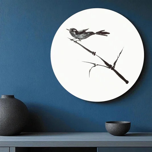 Placa Decorativa Redonda Suzume Pintura de Pardal Pousado em galho no Estilo Sumiê