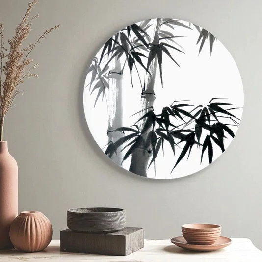 Placa Decorativa Redonda Take Pintura de Bambu no Estilo Sumiê