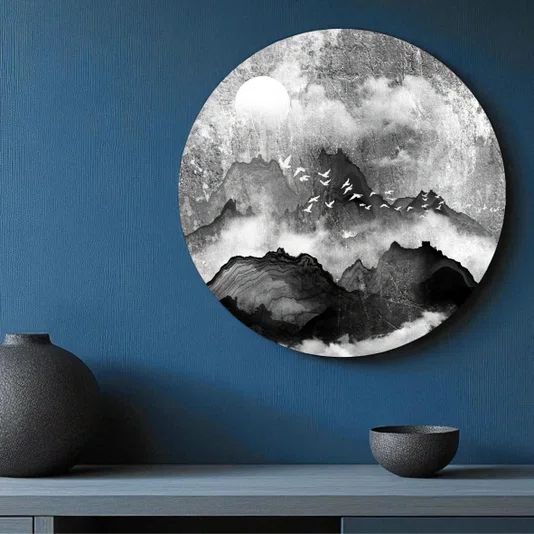 Placa Decorativa Redonda Tori Yama Arte de Montanhas e Pássaros no Estilo Sumiê