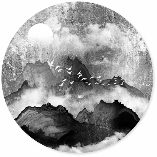 Placa Decorativa Redonda Tori Yama Arte de Montanhas e Pássaros no Estilo Sumiê