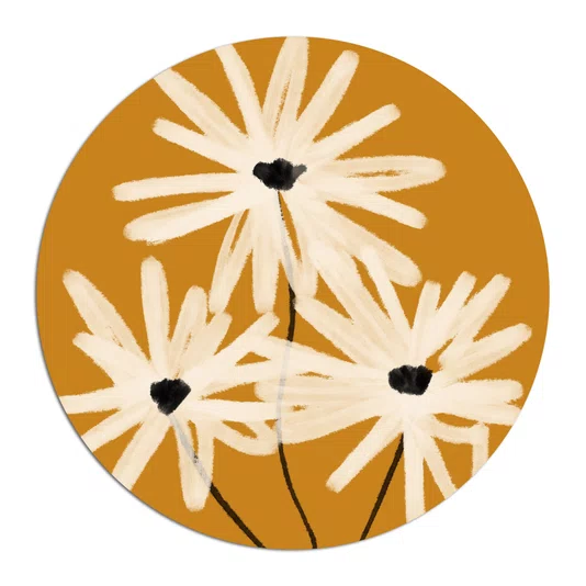 Placa Decorativa Redonda Trio de Flores em Fundo Ocre