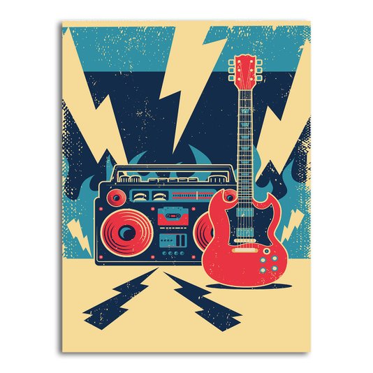 Placa Decorativa Rock And Roll Guitarra E Rádio Vintage