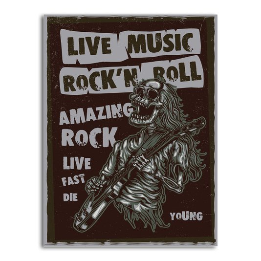 Placa Decorativa Rock And Roll Live Music Esqueleto