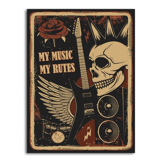 Placa Decorativa Rock And Roll My Music My Rutes Crânio E Guitarra