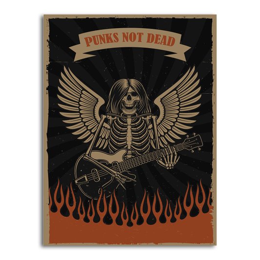 Placa Decorativa Rock And Roll Punks Not Dead Esqueleto E Guitarra