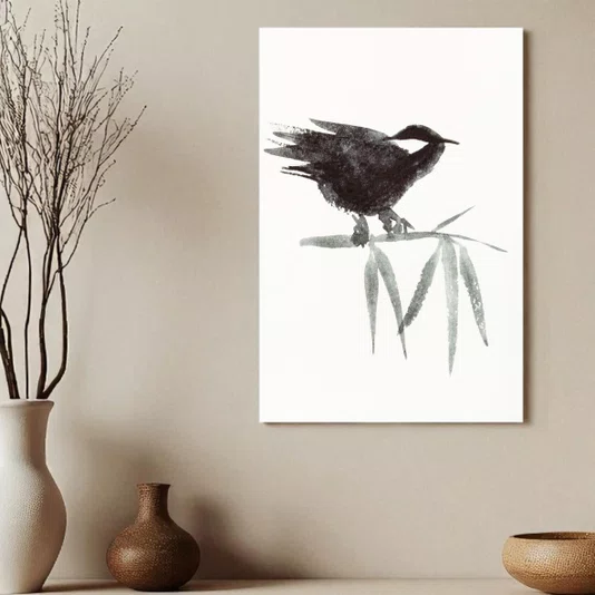 Placa Decorativa Suzume Arte de Pardal Pousado em galho no Estilo Sumiê